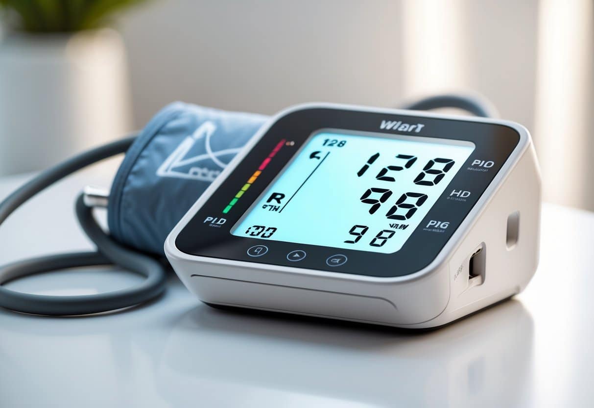 A digital blood pressure monitor with a cuff placed on a white surface.