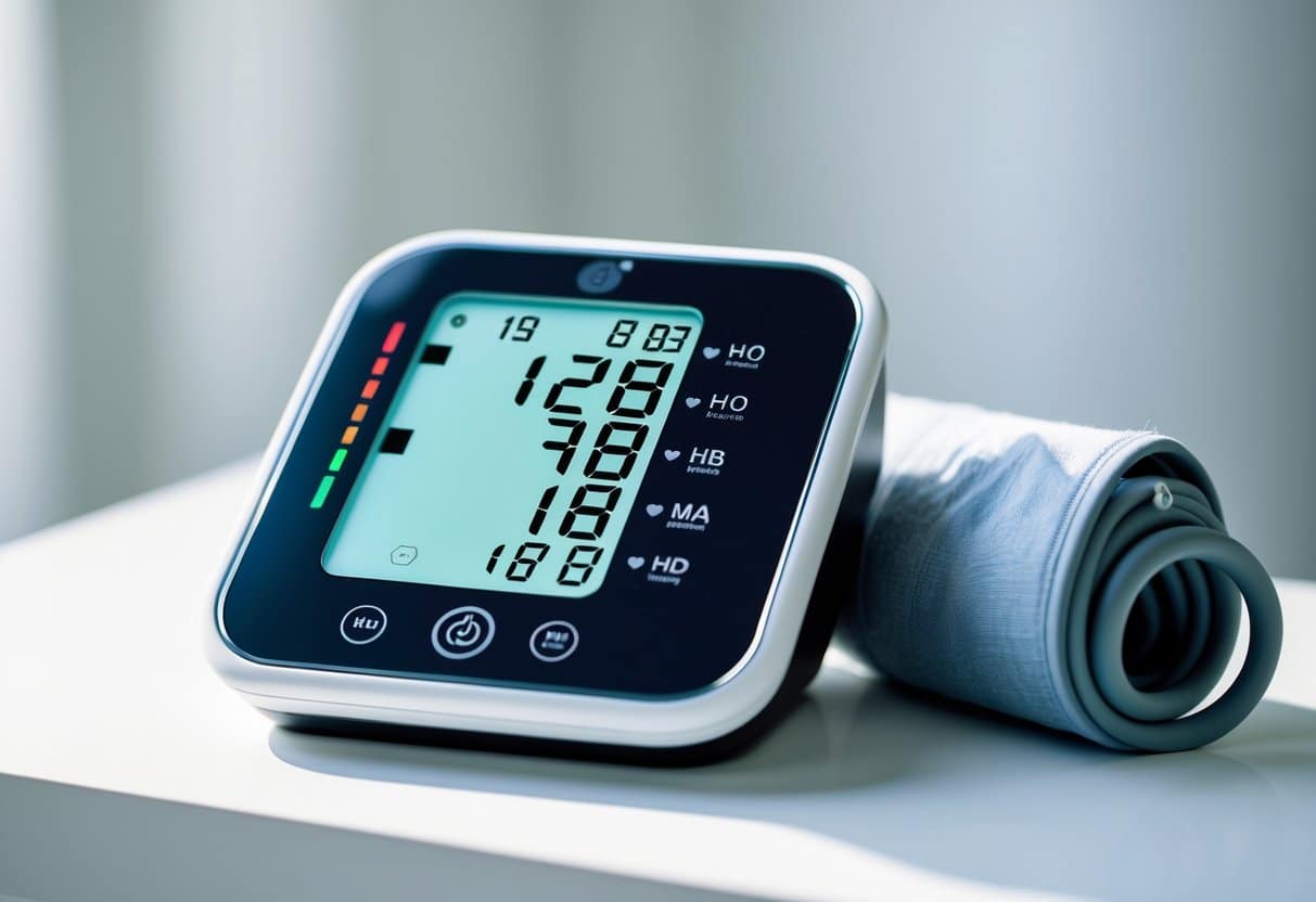 A digital blood pressure monitor with a cuff placed on a white surface.